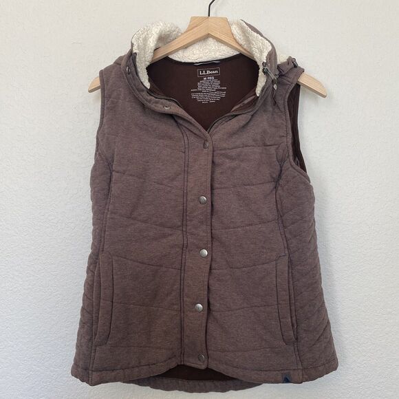 LL Bean Womens Sherpa Fleece Vest w/detachable Hoodie Brown Size M Zip Button Up - Picture 1 of 6